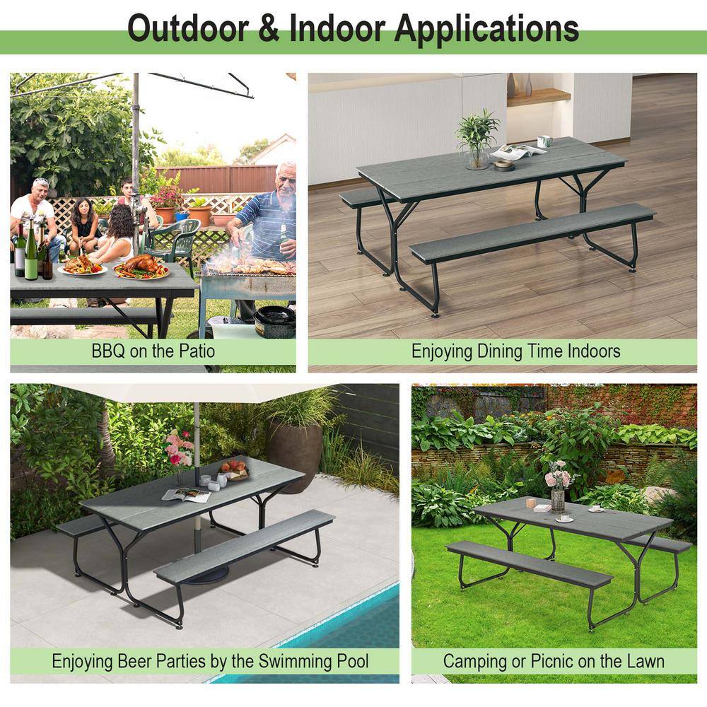 Costway 72 in. Gray Rectangle Plastic Picnic Table Bench Set HDPE Heavy-Duty Table for 6-8 Person with Umbrella Hole