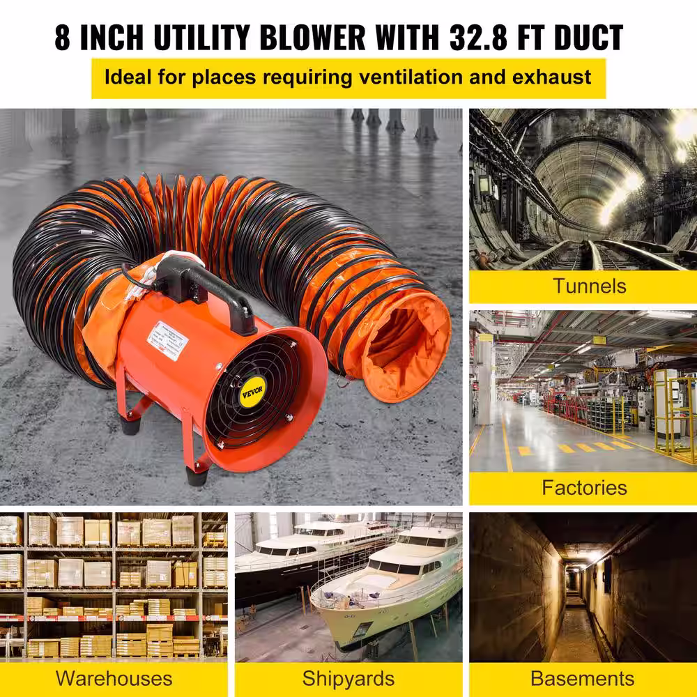 VEVOR Utility Blower Fan 8 in. High Velocity Ventilator Fan 230 Watt 882 CFM with 32.8 ft. Duct Hose for Exhausting at Home