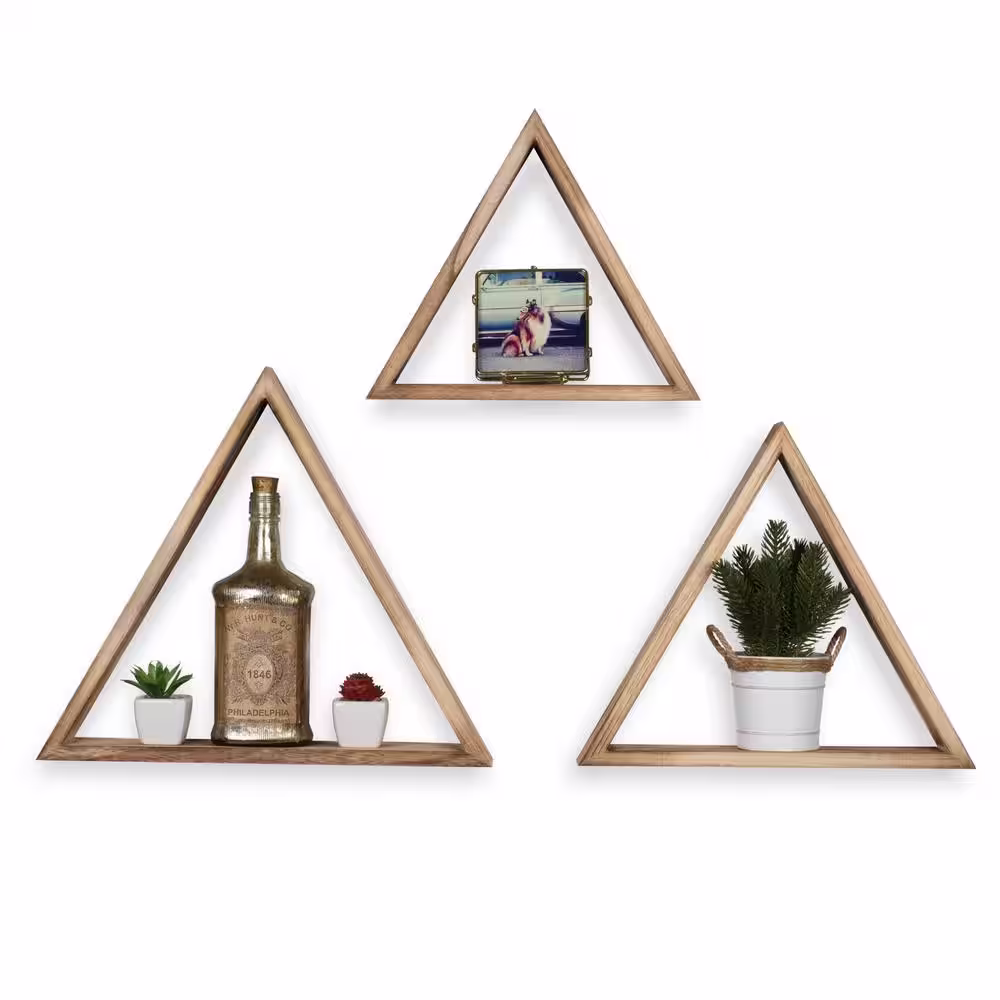 Rustic State Wall Mount Triangle Wooden Geometric Floating Shelf :Torched Natural :Varying Sizes Set of 3
