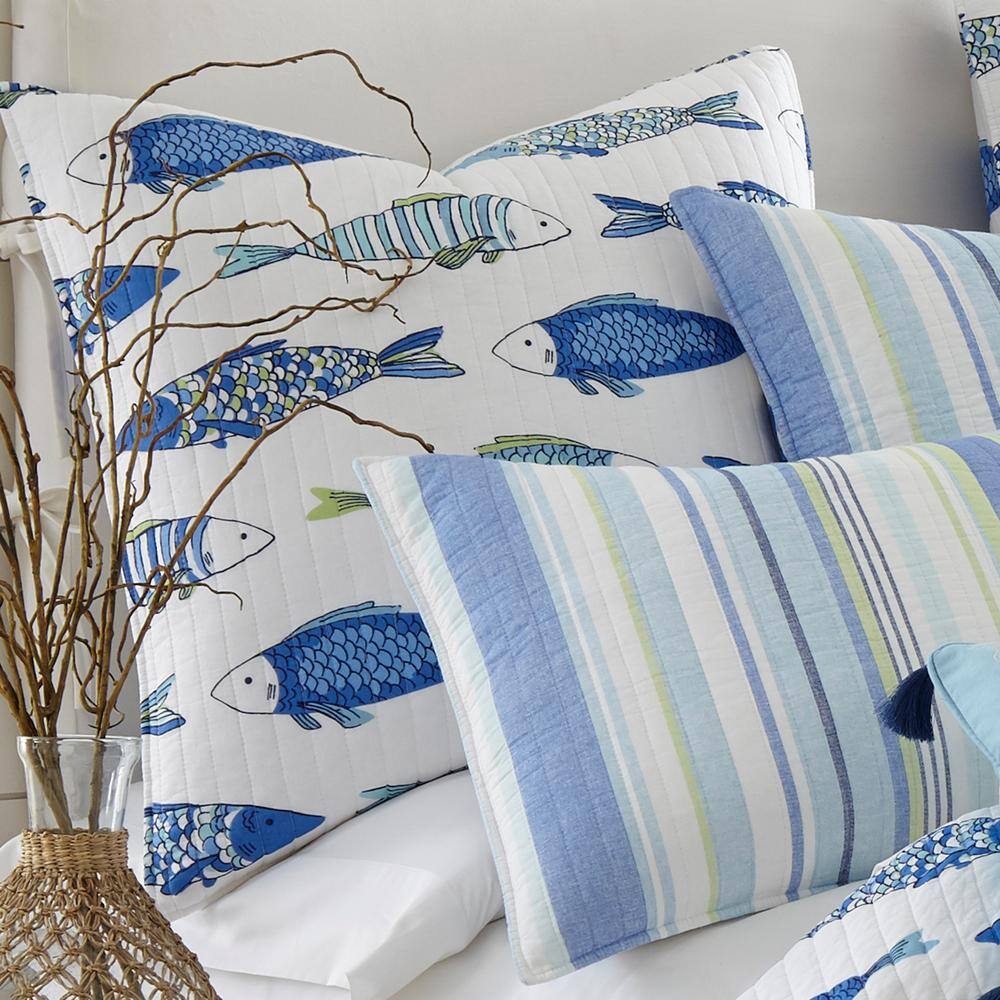 LEVTEX HOME Catalina Fish Blue, Green and White Print Cotton 26 in. x 26 in. Euro Sham (Set of 2)