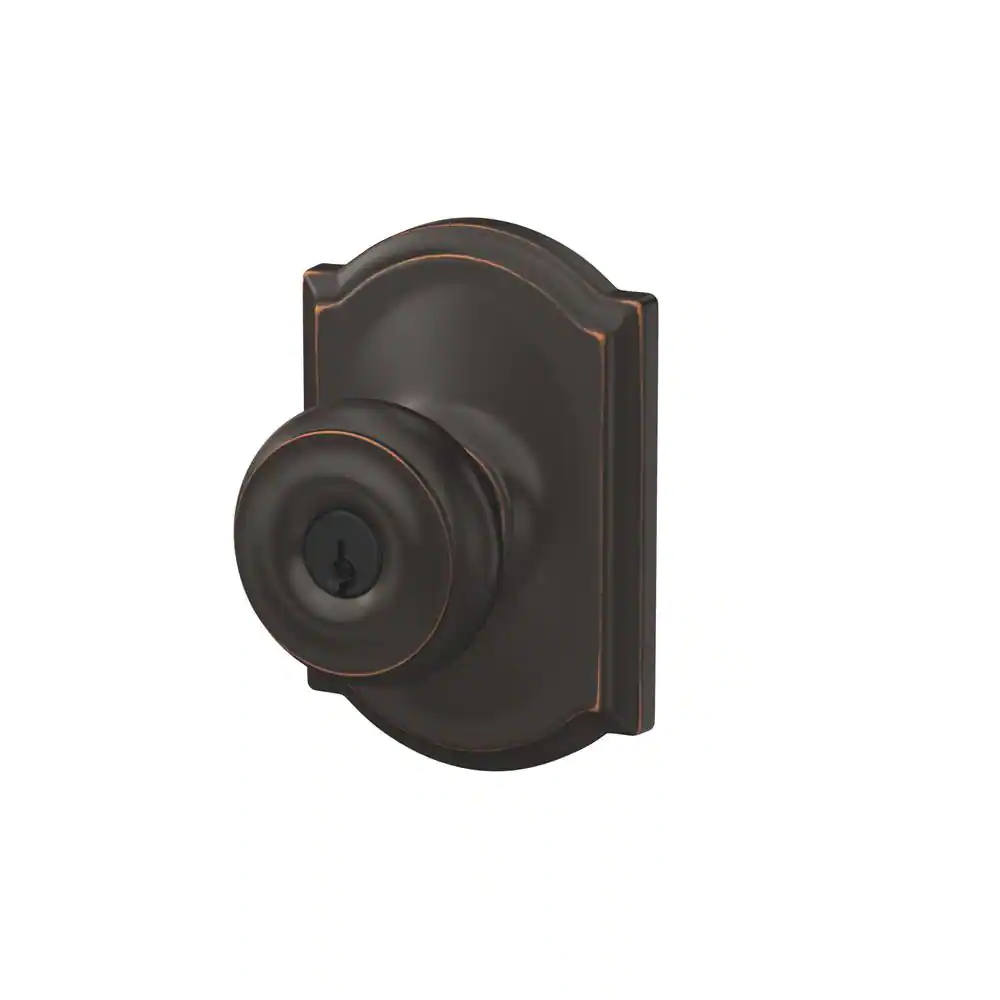 Schlage Georgian Aged Bronze Single Cylinder Deadbolt and Keyed Entry Door Knob with Camelot Trim Combo Pack