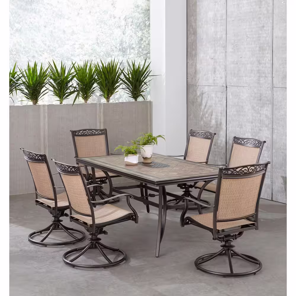 Hanover Fontana 7-Piece Alumninum Rectangular Outdoor Dining Set with Swivel Rockers Tile-Top Table