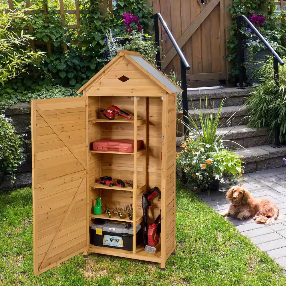 ANGELES HOME 32 in. W x 70 in. H Brown Fir Wood Storage Shed Outdoor Tool Organizer Cabinet