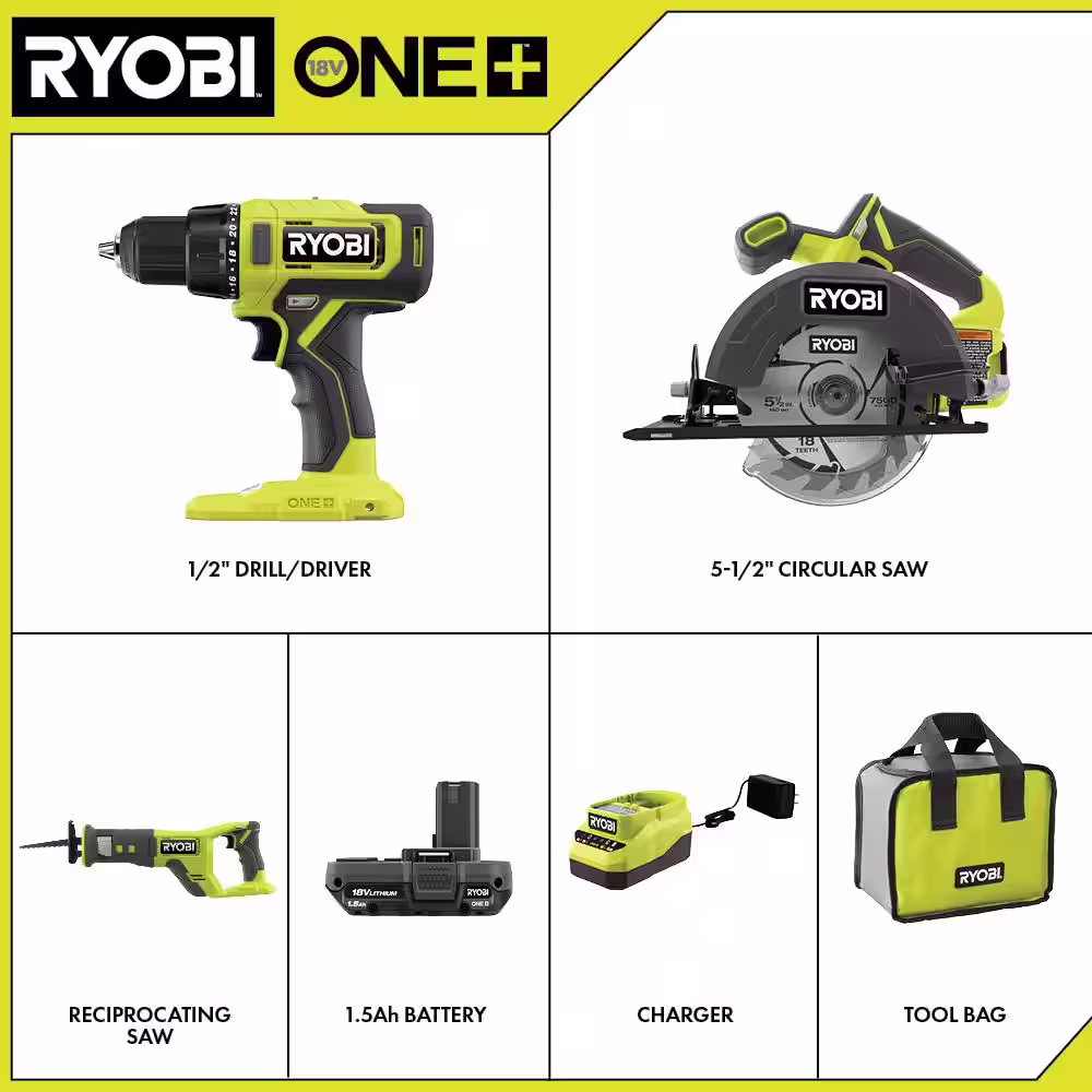 RYOBI ONE+ 18V Cordless 2-Tool Combo Kit w/ Drill/Driver, Circular Saw, (2) 1.5 Ah Batteries, Charger, & Recip Saw