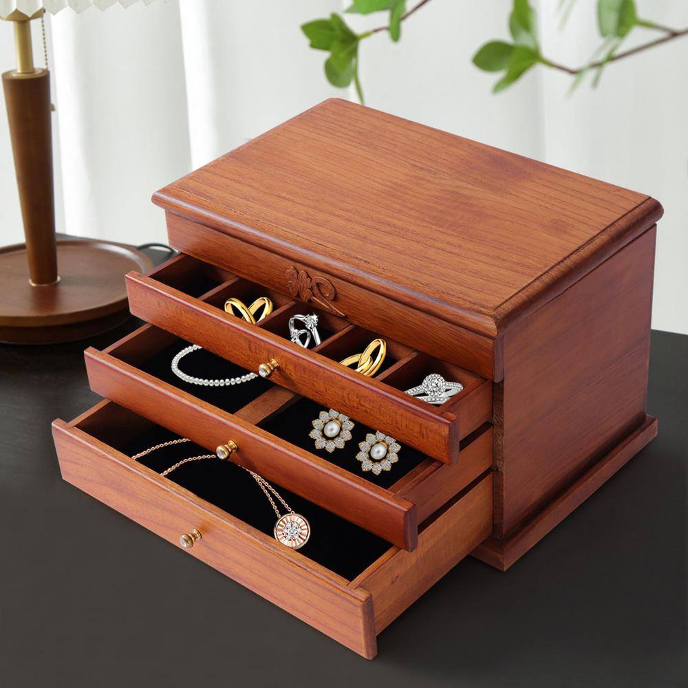 None 4 Layer Vintage Brown Wooden Jewelry Box with Mirror and Drawers Jewelry Storage Organizer