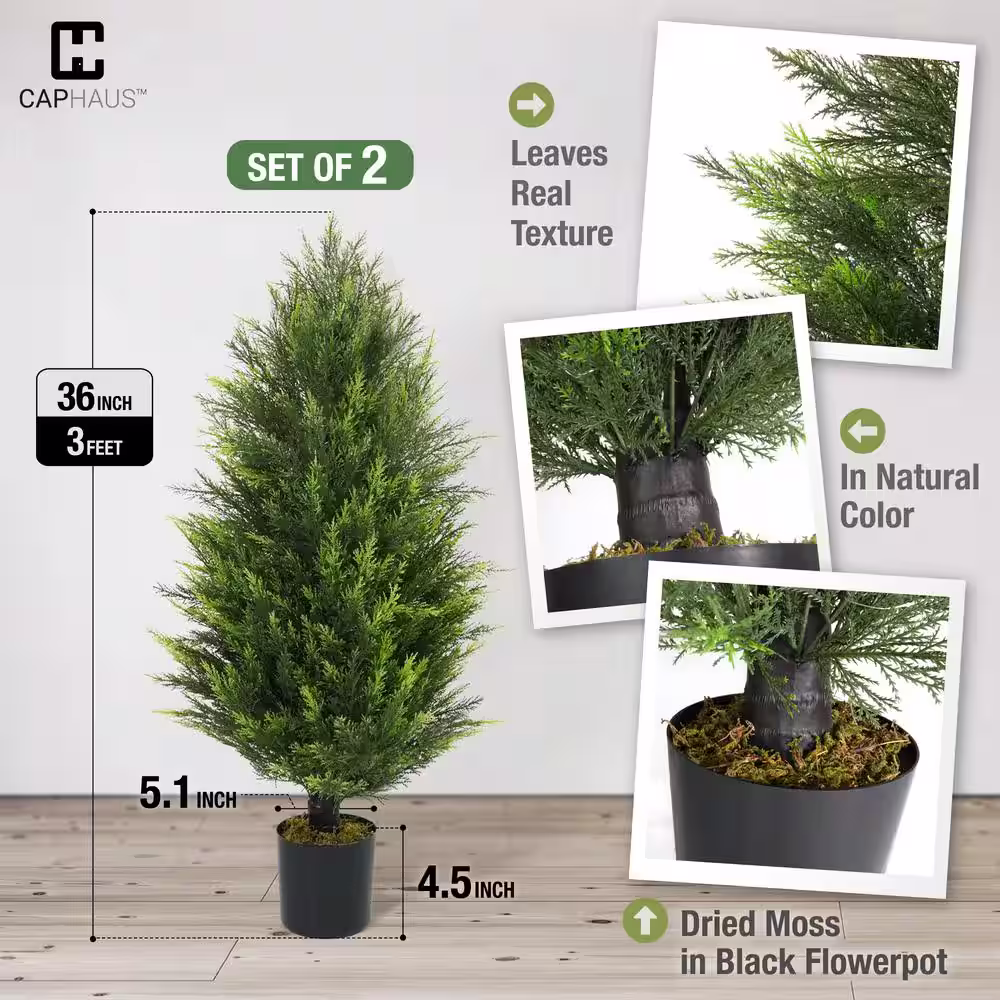 None 3 ft. Green Artificial Cedar Tree, Natural Faux Plants for Outside Planter with Dried Moss, UV Resistant, (Set of 2)