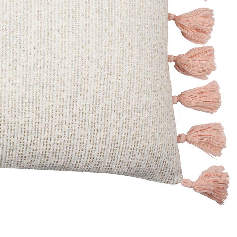 None Fiori Cream, Tan, Coral Pink Texture Slub 16 in. x 20 in. Throw Pillow