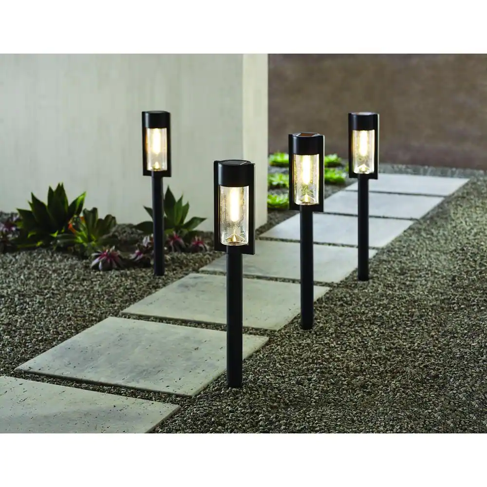 Hampton Bay Clermont 15 Lumens Black LED Modern Outdoor Solar Bollard Path Light Set with Vintage Bulb (4-Pack)