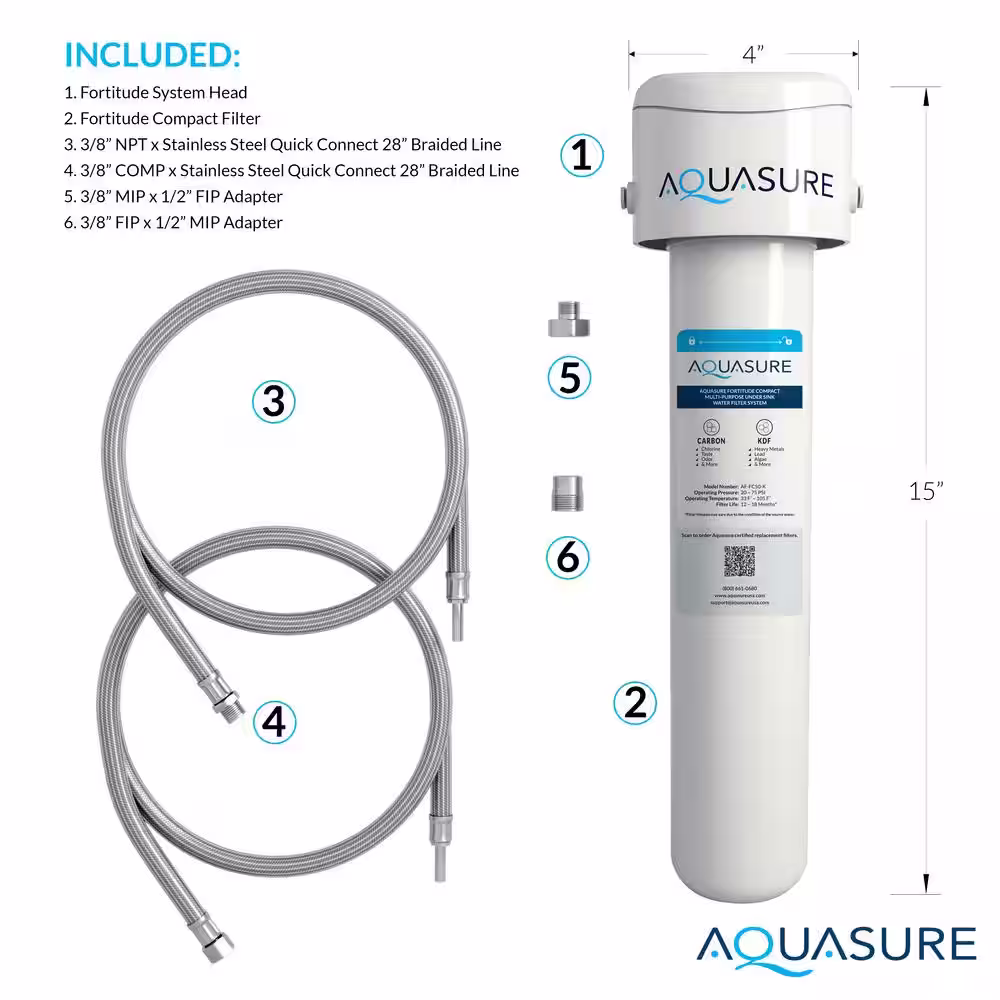 AQUASURE Fortitude Compact Under Sink Multi-Purpose Water Filtration with Carbon/KDF Reduces Chlorine, Lead, Taste and Odor