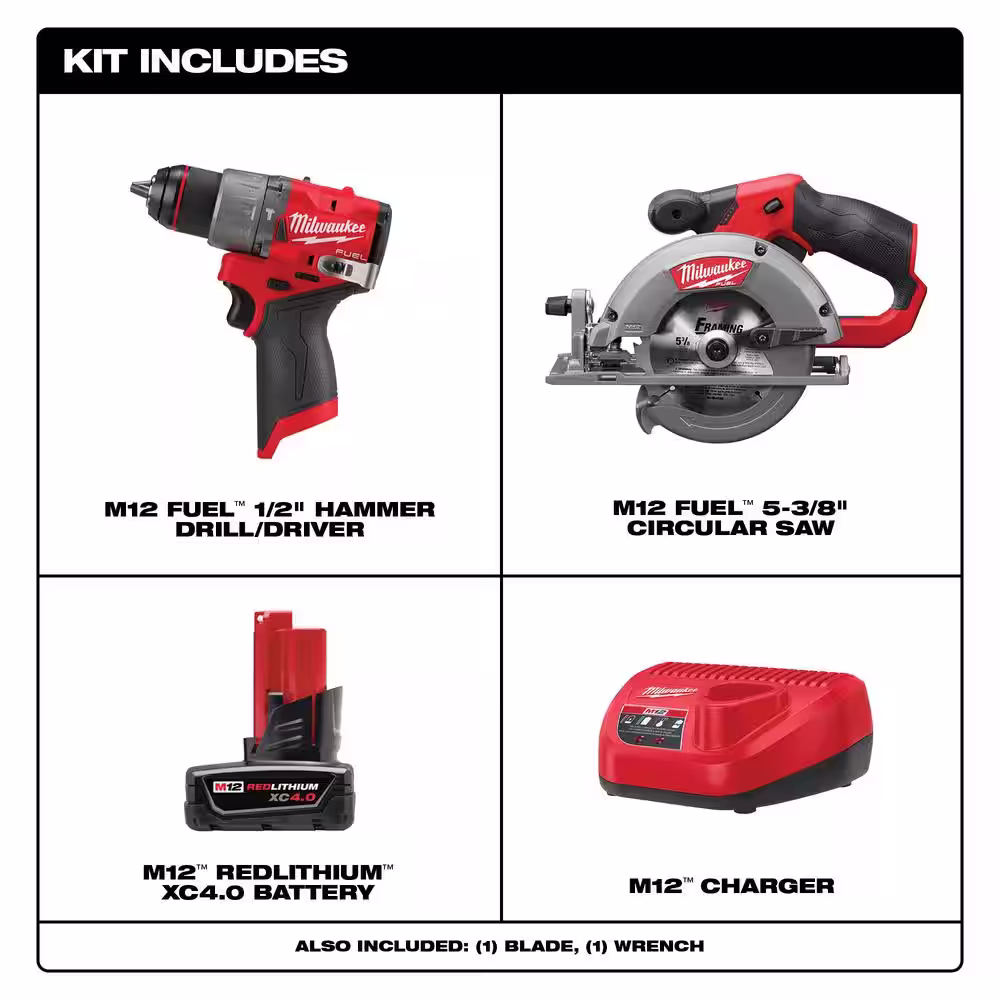 Milwaukee M12 FUEL 12V Lithium-Ion Brushless Cordless 1/2 in. Hammer Drill & M12 FUEL 5-3/8 in. Circular Saw w/Battery & Charger