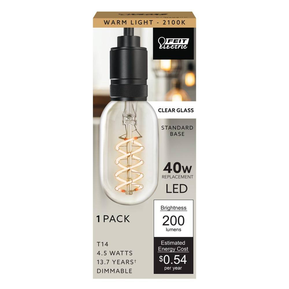Feit Electric 40-Watt Equivalent T14 Dimmable Spiral Filament Clear Glass E26 Vintage Edison LED Light Bulb, Warm White (4-Pack)