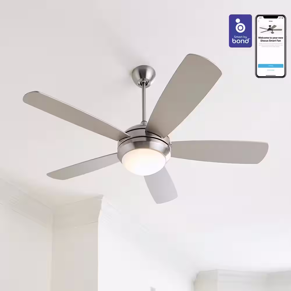 Generation Lighting Discus Smart 52 in. Integrated LED Indoor Brushed Steel Ceiling Fan with Silver Blades Light Kit and Remote Control
