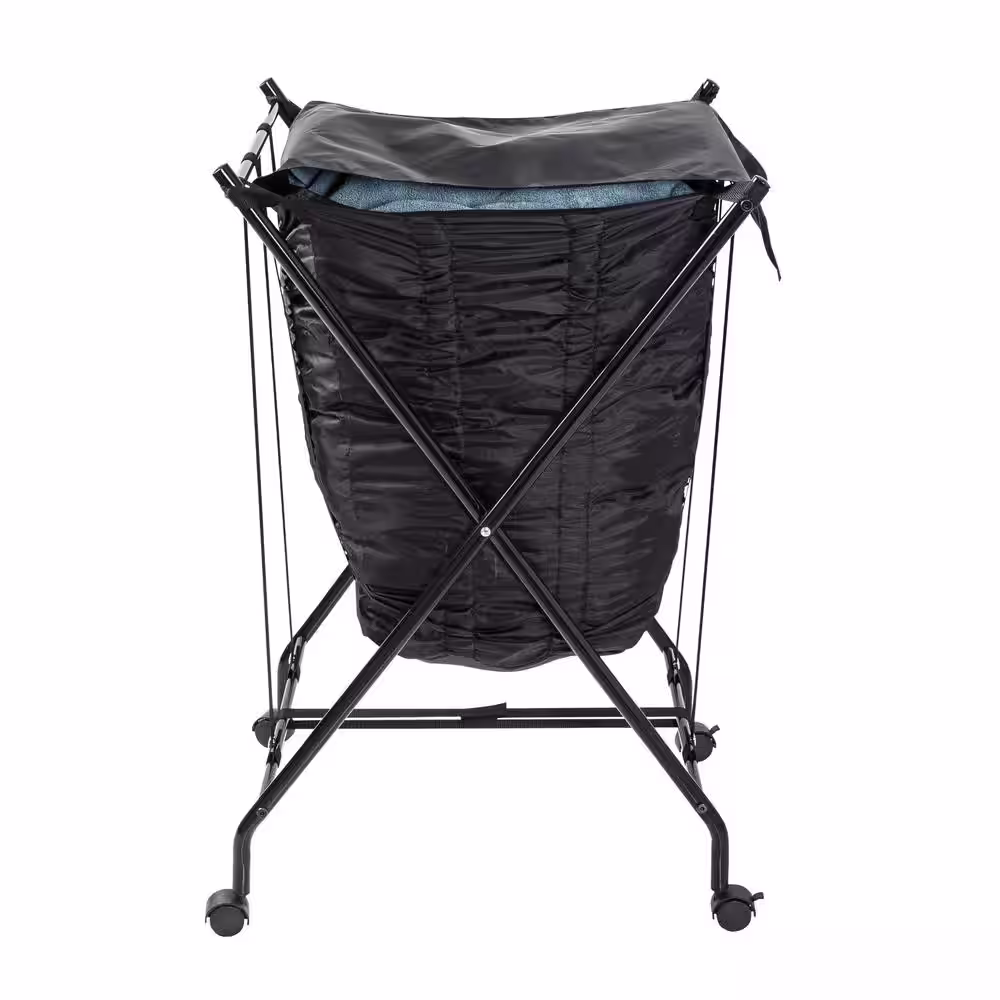 Honey-Can-Do Black Steel and Polycotton Single Bounce Back No Bend Laundry Hamper with Wheels