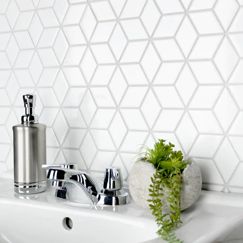 Merola Tile Metro Rhombus Glossy White 10-1/2 in. x 12-1/8 in. Porcelain Mosaic Tile (9.0 sq. ft./Case)