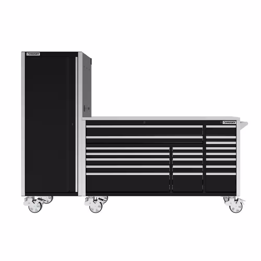 Husky 72 in. W x 24.6 in. D Professional Duty 20-Drawer Mobile Workbench Tool Storage Combo with Side Locker in Gloss Black