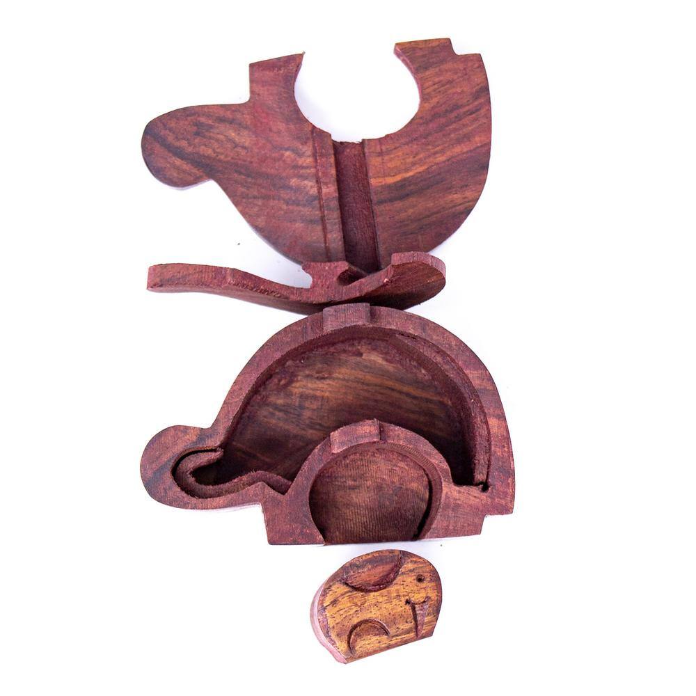 None Handmade Mama and Baby Elephant Sheesham Wood Puzzle Box