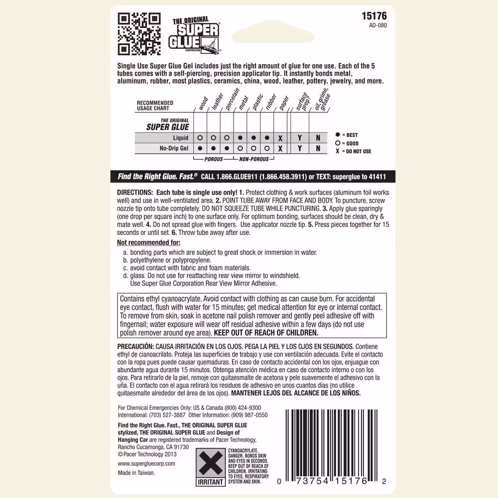 Super Glue 0.01 oz. Super Glue Gel Single Use Minis (5 per Pack) Tubes per Card (12-Pack)