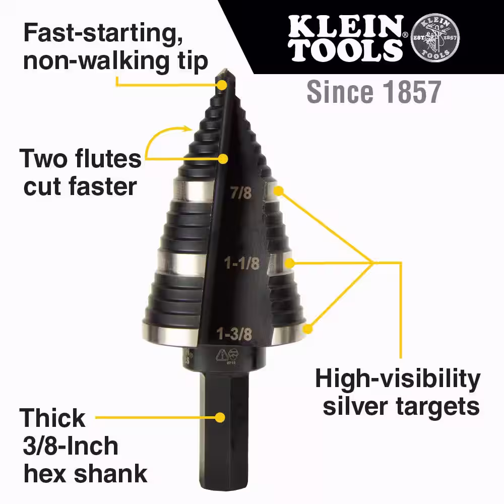 Klein Tools 3-Step Drill Bit, Double-Fluted, 7/8-Inch to 1-3/8-Inch