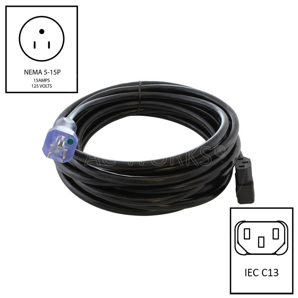 AC WORKS 20 ft. 14/3 15 Amp Medical Grade Power Cord with Right Angle IEC C13
