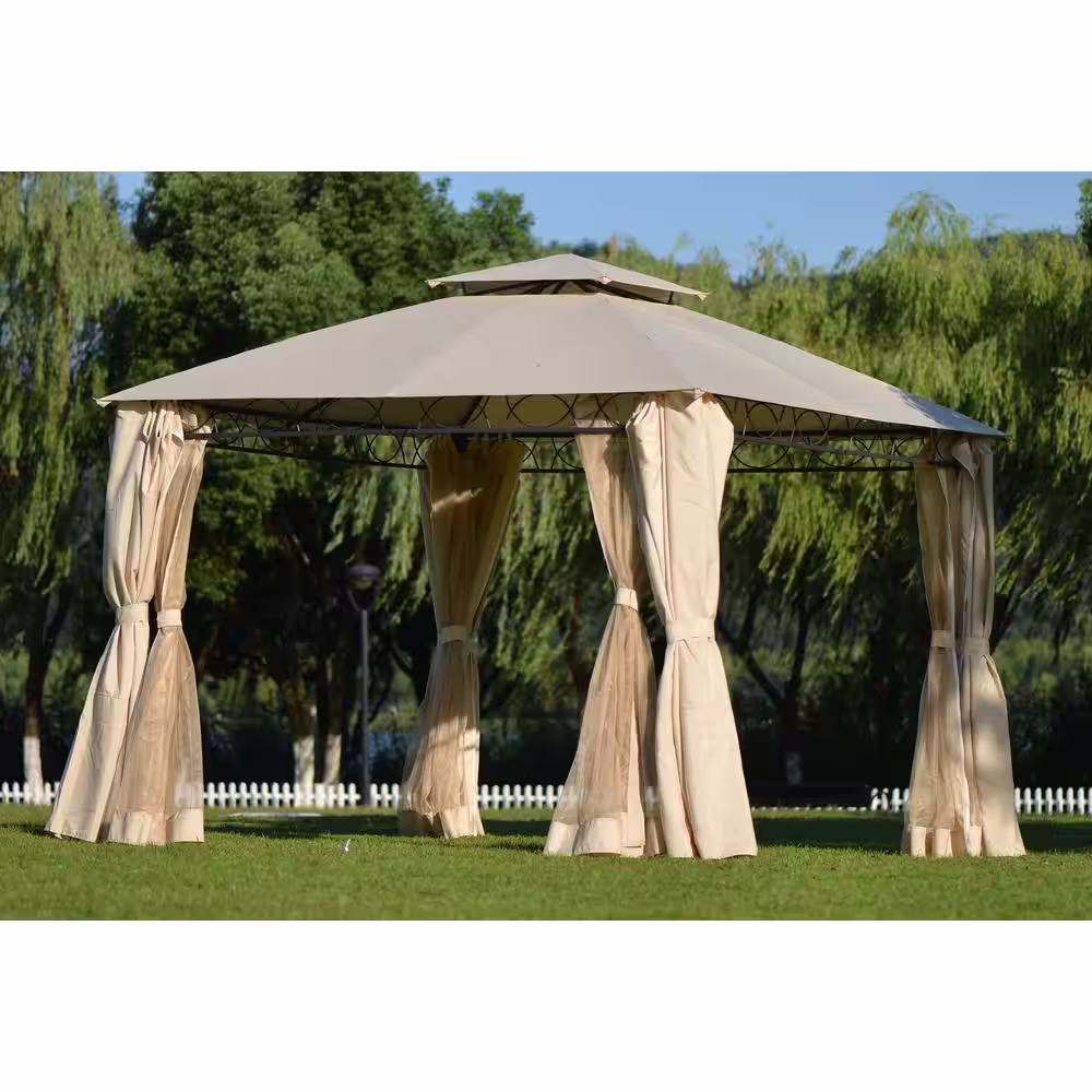 None 11 ft. x 11 ft. Beige Square Double Tiered Grill Canopy, Outdoor BBQ Gazebo Tent with UV Protection