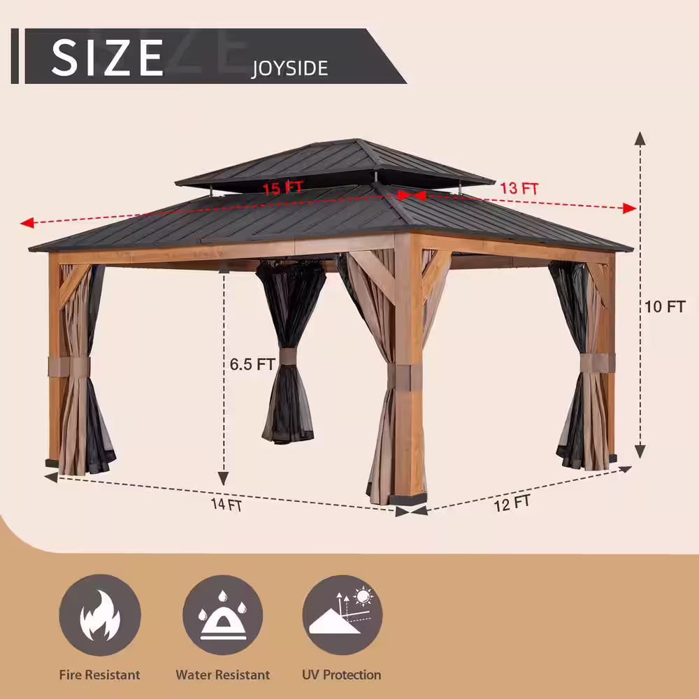 None 15 ft. x 13 ft. Wood Grain Aluminum Double Galvanized Steel Roof Gazebo with Ceiling Hook, Mosquito Netting and Curtains
