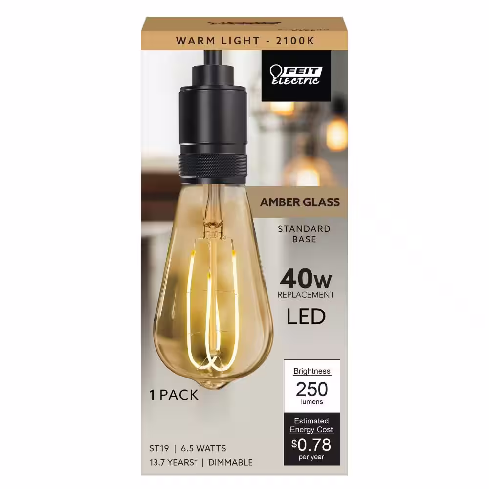 Feit Electric 40-Watt Equivalent ST19 Dimmable M Shape Filament Amber Glass E26 Vintage Edison LED Light Bulb, Warm White 2100K