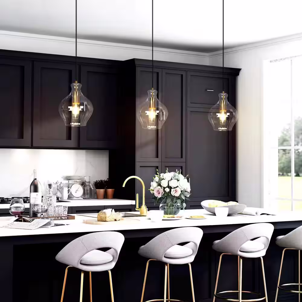 Uolfin Transitional Bell Kitchen Island Pendant Light 1-Light Black and Brass Modern Pendant Light with Clear Glass Shade