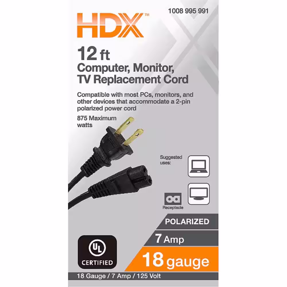 None 12 ft. 18/2 Light Duty Computer, Monitor, TV Replacement Cord, Black