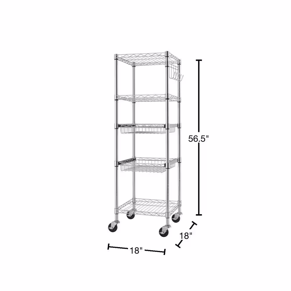 TRINITY EcoStorage Chrome Rolling 5-Tier Steel Wire Shelving Unit (18 in. W x 57 in. H x 18 in. D)