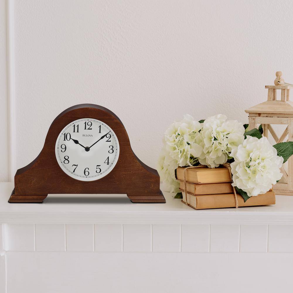 Bulova 8.25 in. H x 13.75 in. W Pendulum table clock with chime in a warm brown cherry finish