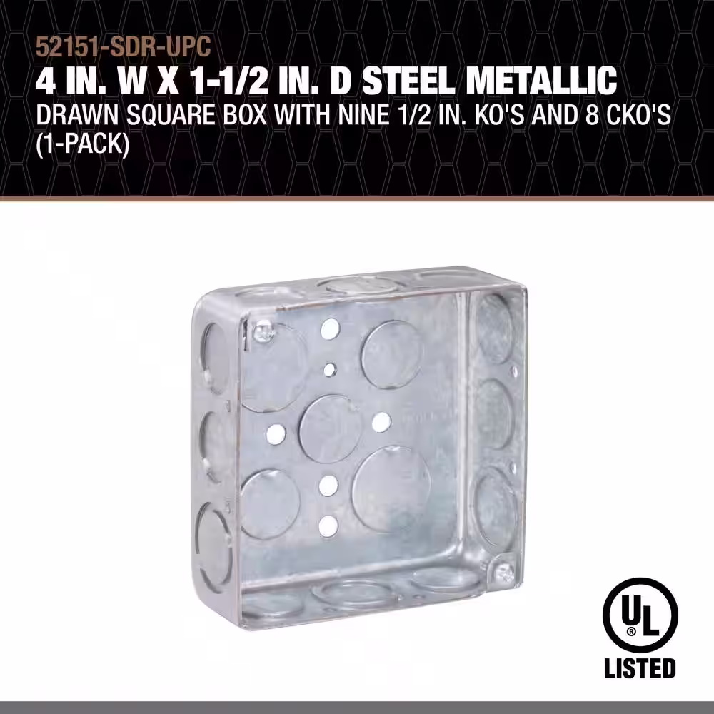 Southwire 4 in. W x 1-1/2 in. D Steel Metallic Drawn Square Box with Nine 1/2 in. KO's and 8 CKO's (1-Pack)