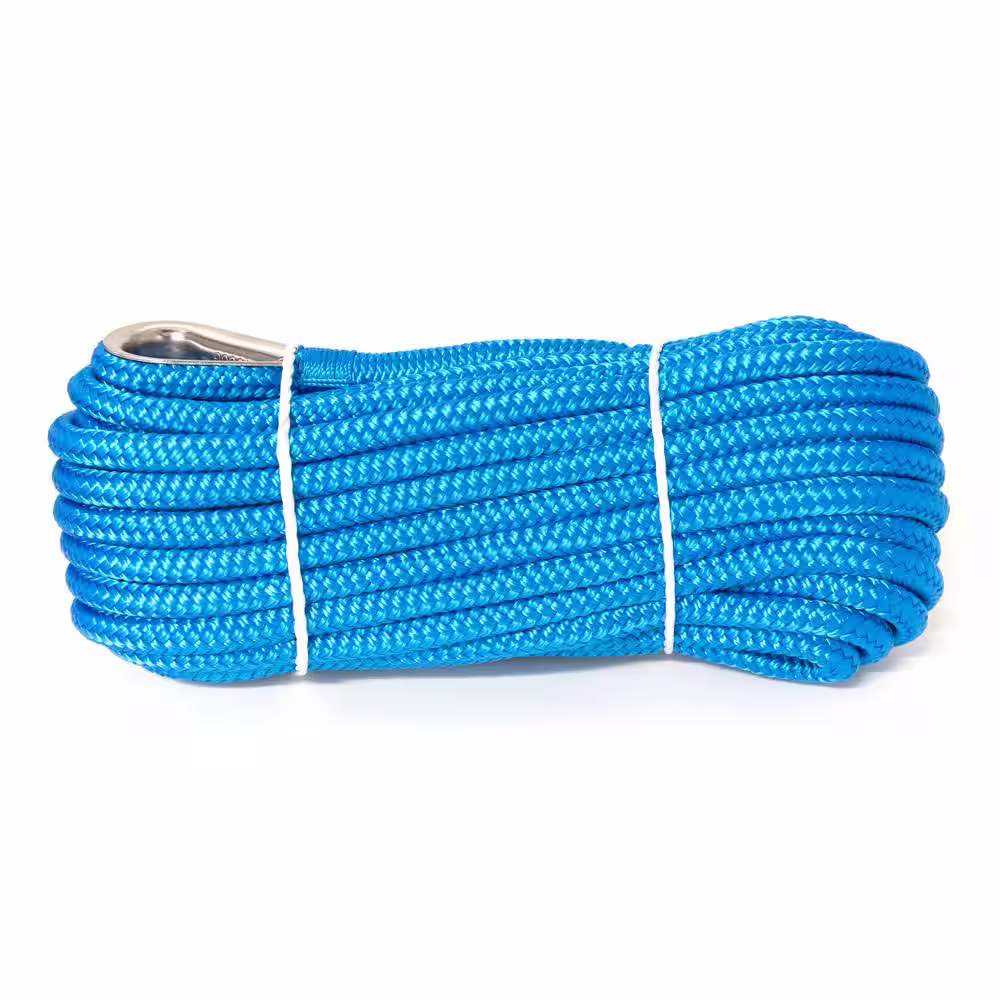 KingCord 3/8 in. x 50 ft. Nylon Double Braid Anchor Line Rope, Blue with Spliced 3/8 in. Stainless Steel Thimble