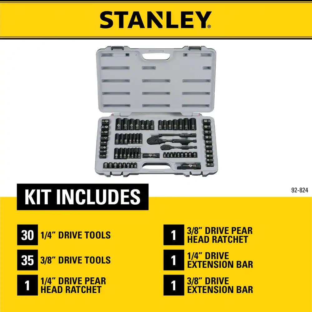 Stanley 1/4 & 3/8 in. Drive Black Chrome SAE 69-Piece Mechanic Tool Set