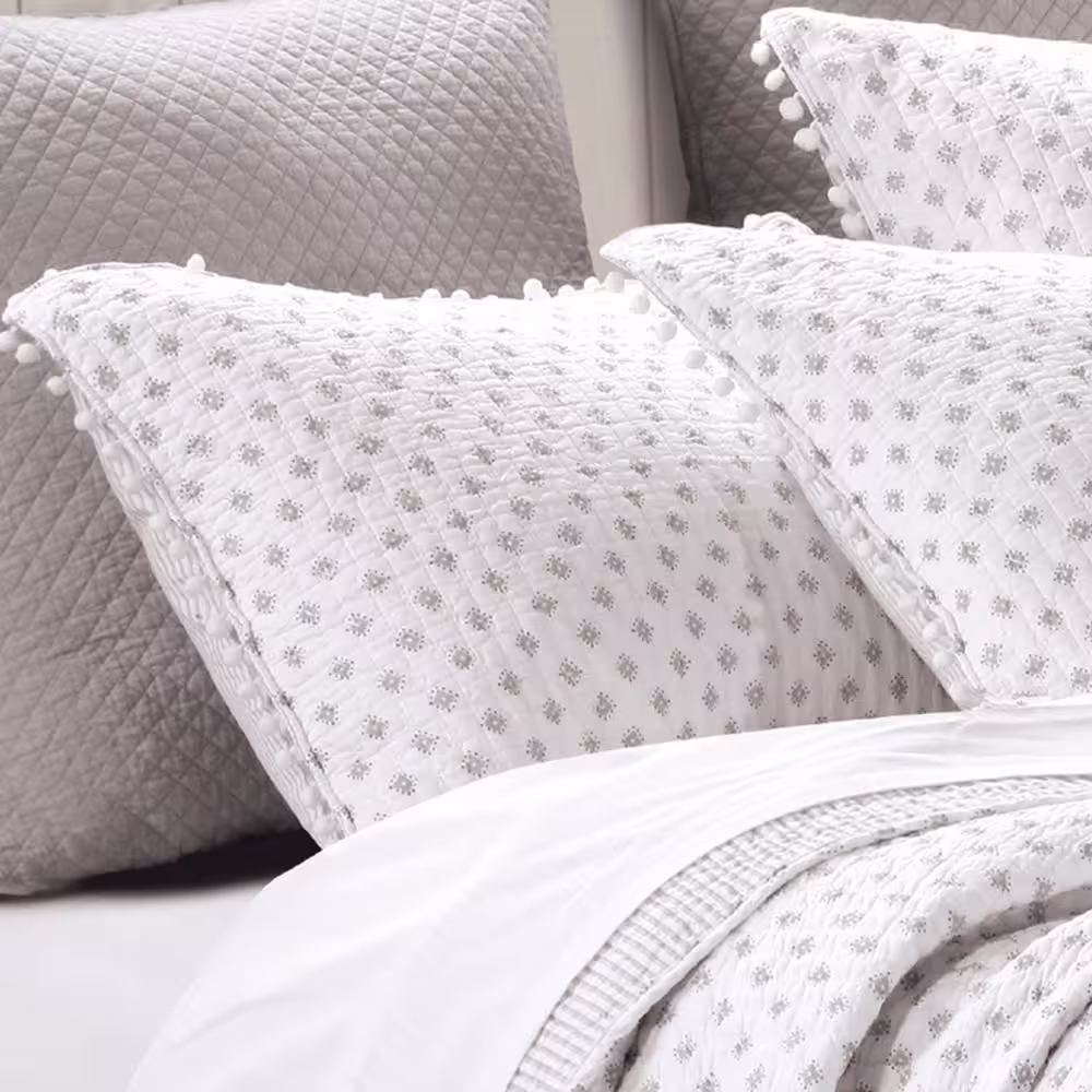 None Astoria White Ditsy Pom Pom Edge Quilted Cotton Standard Sham