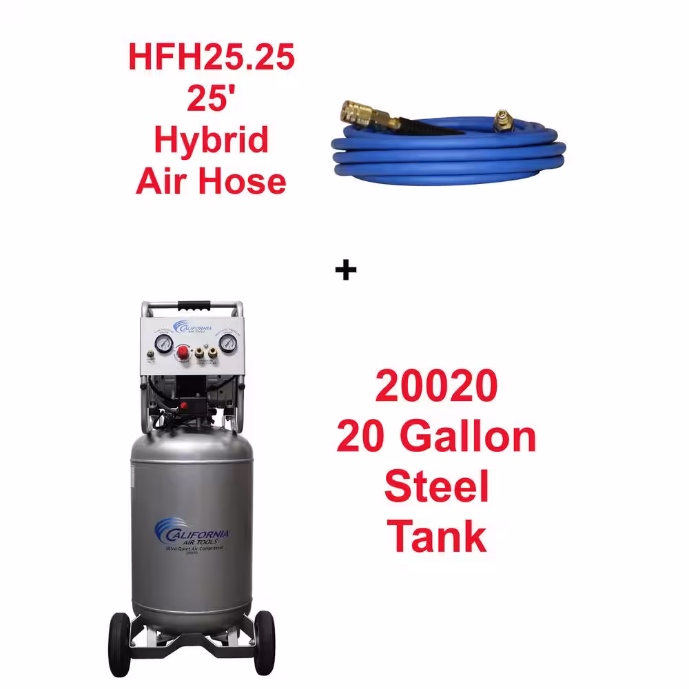 California Air Tools UltraQuiet OilFree 20 Gal. 2 HP 125 PSI Electric Steel Air Compressor with 25 ft. Air Hose w/Industrial Quick Connectors