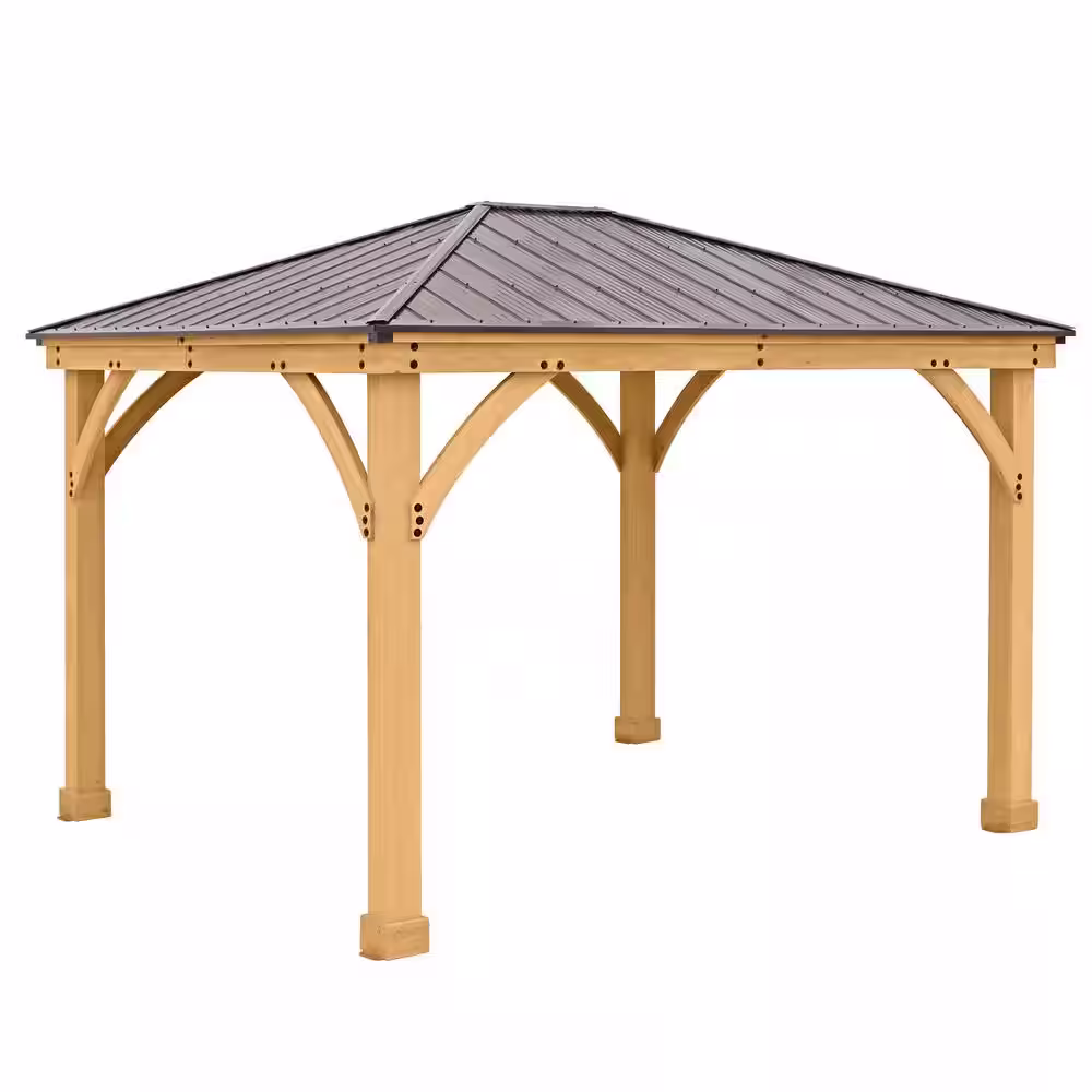 Yardistry Meridian 10 ft. x 12 ft. Premium Cedar Outdoor Patio Shade Gazebo with Architectural Posts and Brown Aluminum Roof