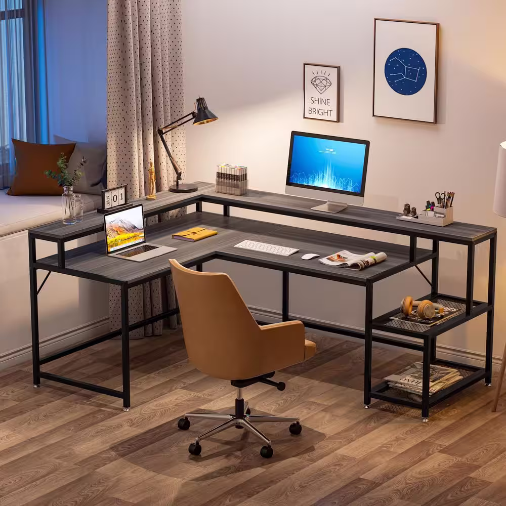 TRIBESIGNS WAY TO ORIGIN Perry 69 in. Grey Reversible Large Corner L Shaped Computer Writing Desk Monitor Stand Storage Shelf Home Office