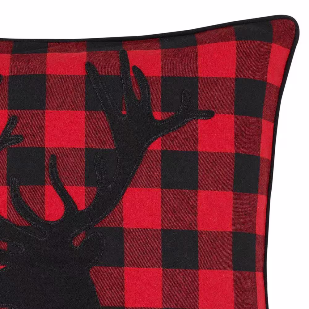 EDDIE BAUER Cabin Plaid Stag Head Red 1-Piece 20 in. x 20 in. Cotton Blend Throw Pillow