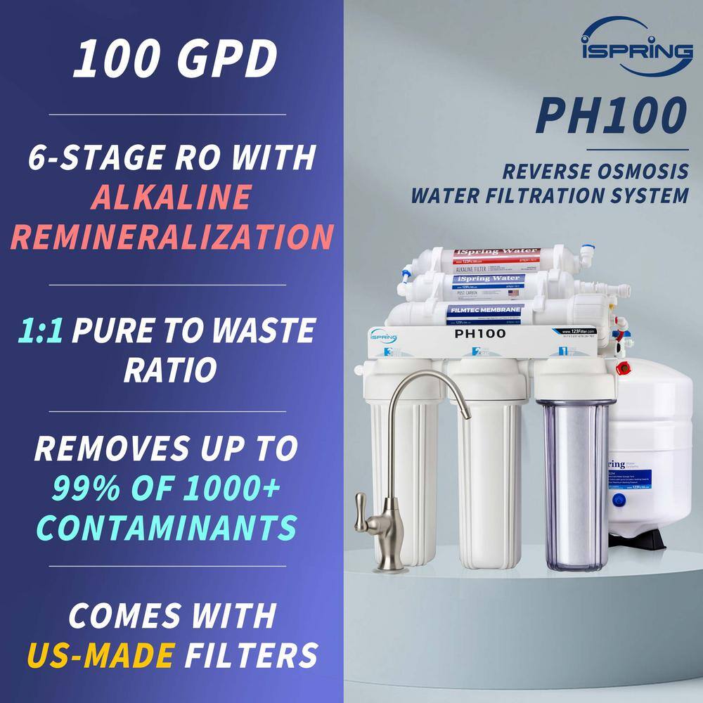 ISPRING 6-Stage High Capacity Reverse Osmosis Drinking Water Filtration System w/ Alkaline Filter,100 GPD, US Made Filters