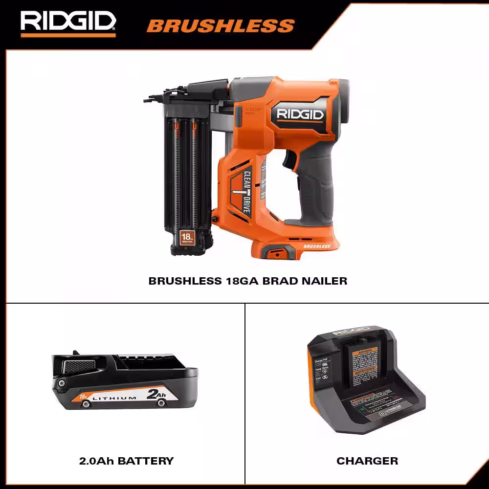 RIDGID 18V Brushless Cordless 18-Gauge 2-1/8 in. Brad Nailer Kit with 18V Lithium-Ion 2.0 Ah Battery and 18V Charger