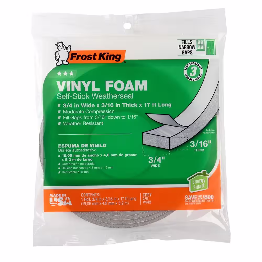 Frost King 3/4 in. x 3/16 in. 17 ft. Grey Vinyl Foam Weather-Seal Self-Stick Tape