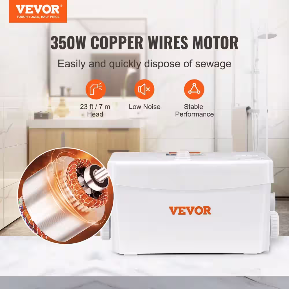 VEVOR Macerator Pump 23 ft. Head 1585 GPH 0.47 hp. Sewerage Sump Pump 350 Watt with 3 Inlets for Home Water Disposal Upflush