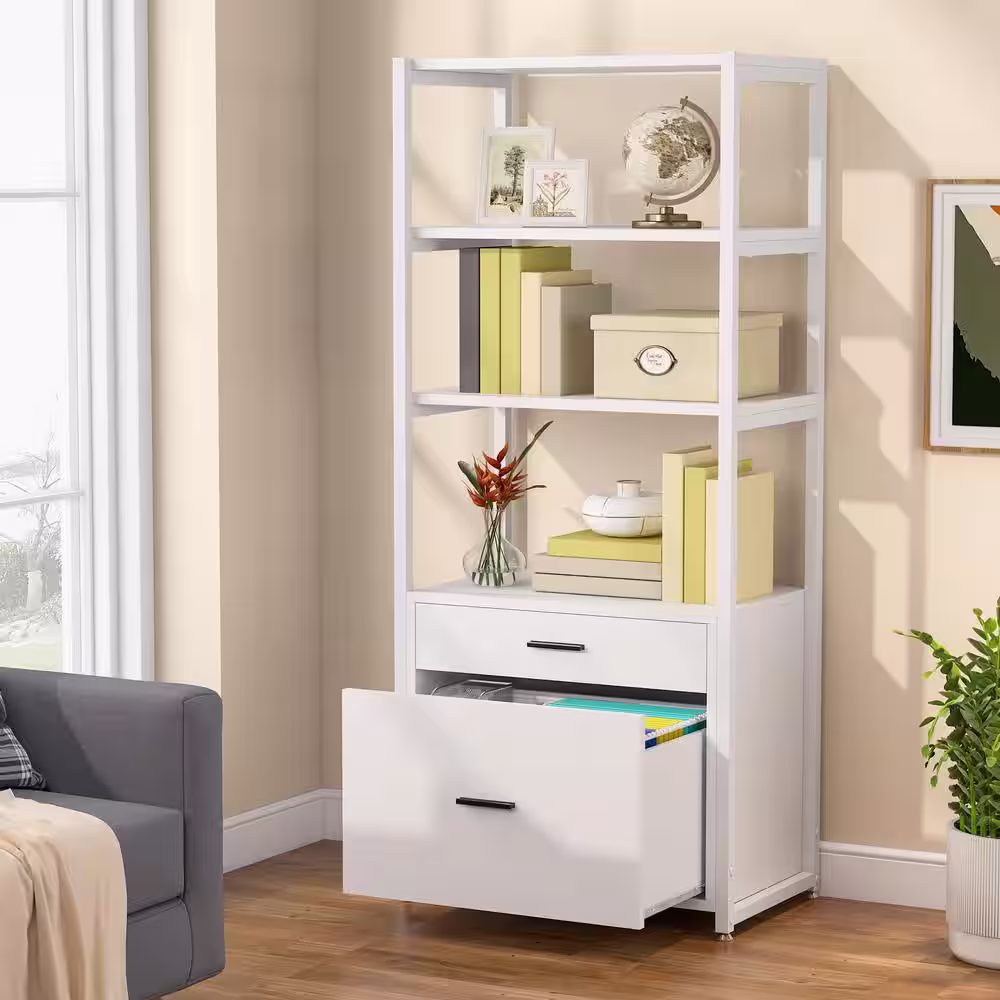 None Earlimart 60 in. White Engineered Wood and Metal 4-Shelf Etagere Bookcase with 2-Drawers