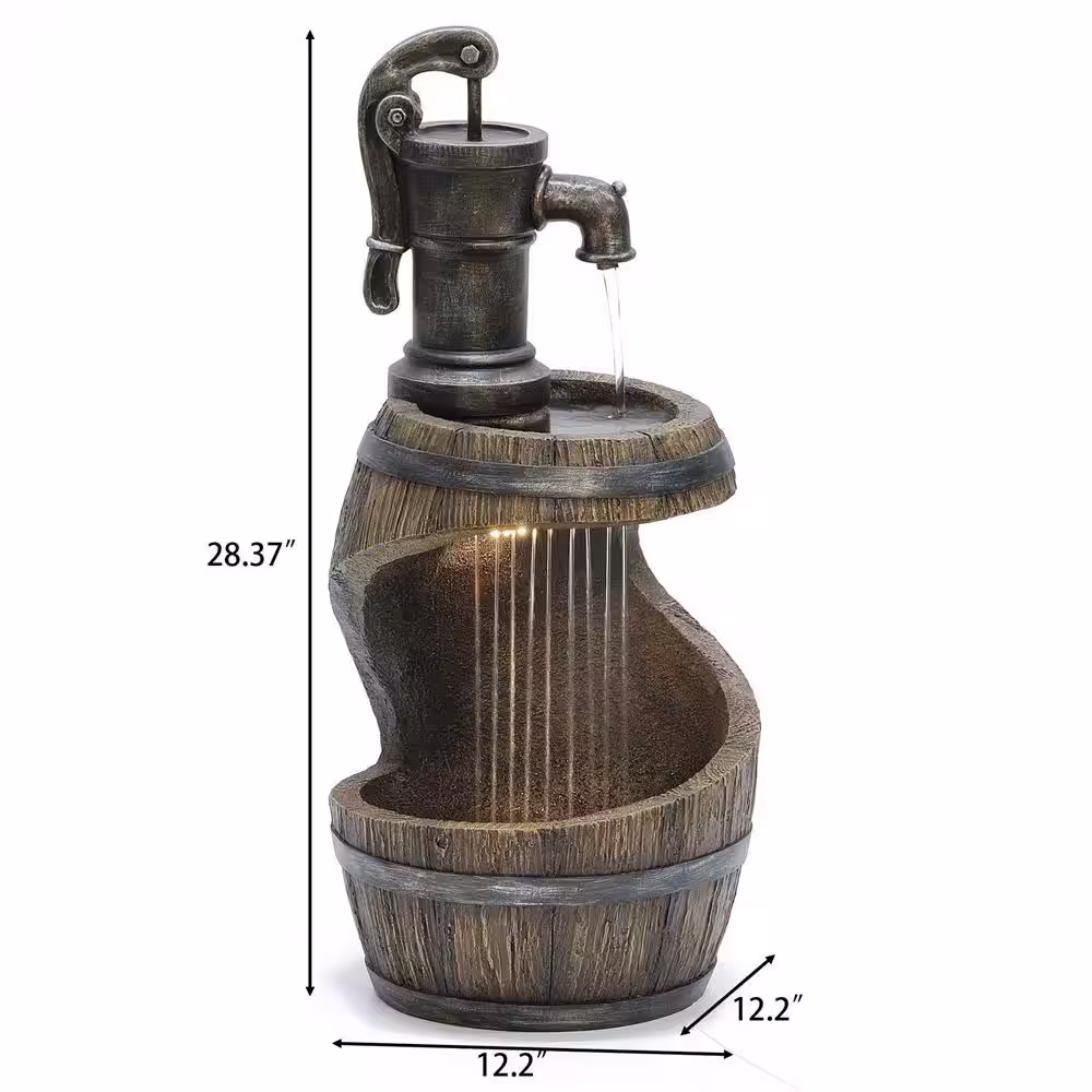 None Farmhouse Spiral Barrel Rain Outdoor Polyresin Cascade Fountain with LED Lights