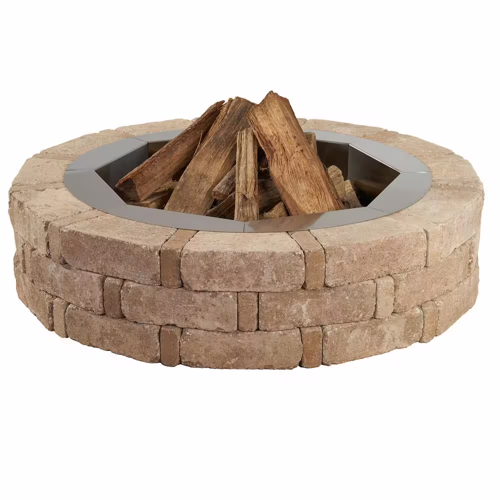 Pavestone RumbleStone 46 in. x 10.5 in. Round Concrete Fire Pit Kit No. 1 in Cafe with Round Steel Insert