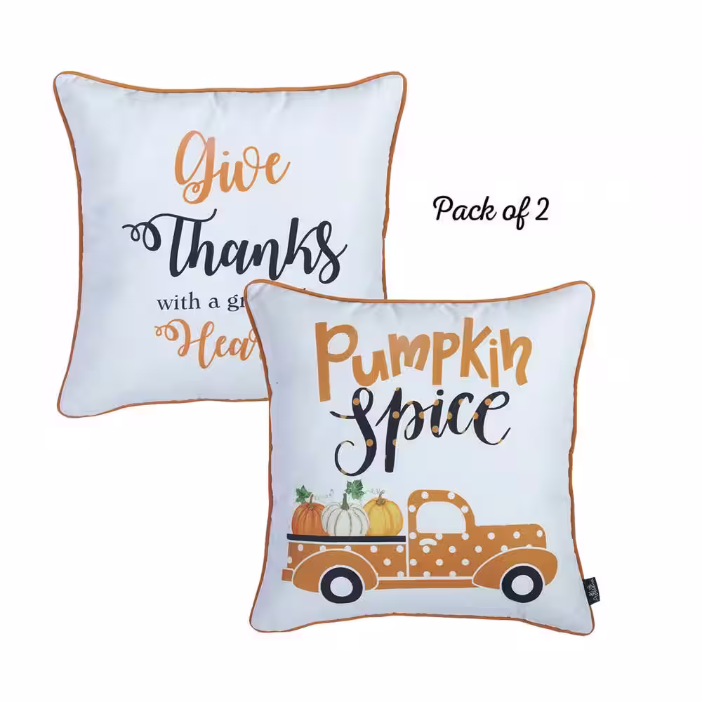 None Decorative Fall Thanksgiving Throw Pillow Cover Pumpkin Truck & Quote 18 in. x 18 in. White & Orange Square Set of 2