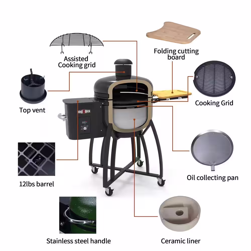 None 24 in. 4-in-1 Ceramic Pellet Grill with 19.6 in. Dia Gridiron Double Ceramic Liner for Outdoors Patio, Green