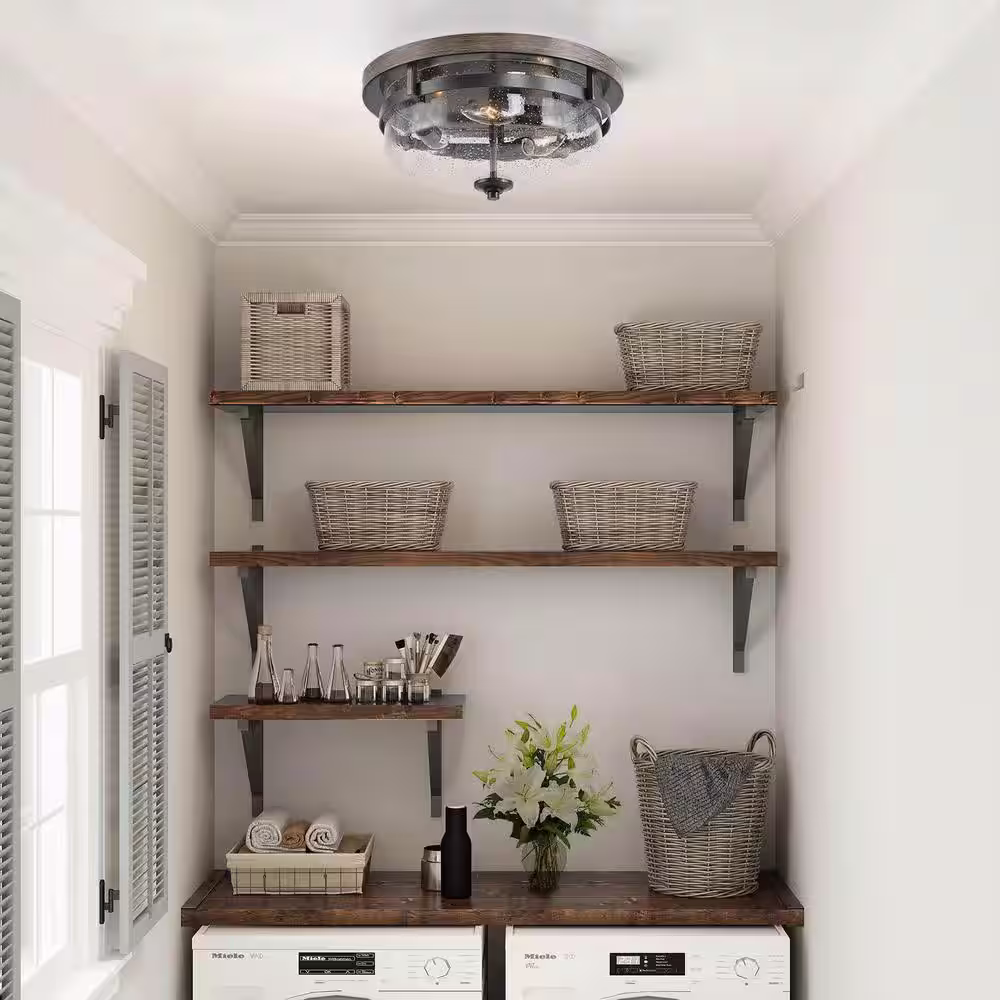 LNC Morice 13.5 in. 3-Light Bronze Flush Mount Ceiling Light with Clear Seeded Glass Drum Shade and Aged Oak Plate