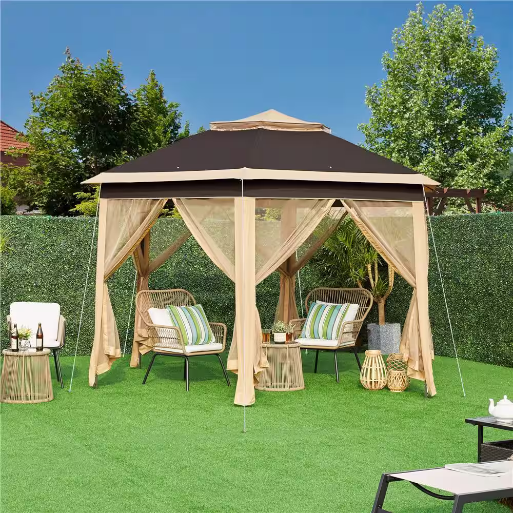 None 11 ft. x 13 ft. Hexagonal Outdoor Gazebo Pop-Up Canopy Metal Frame Mesh Netting for Patio Backyard Garden Wedding Party