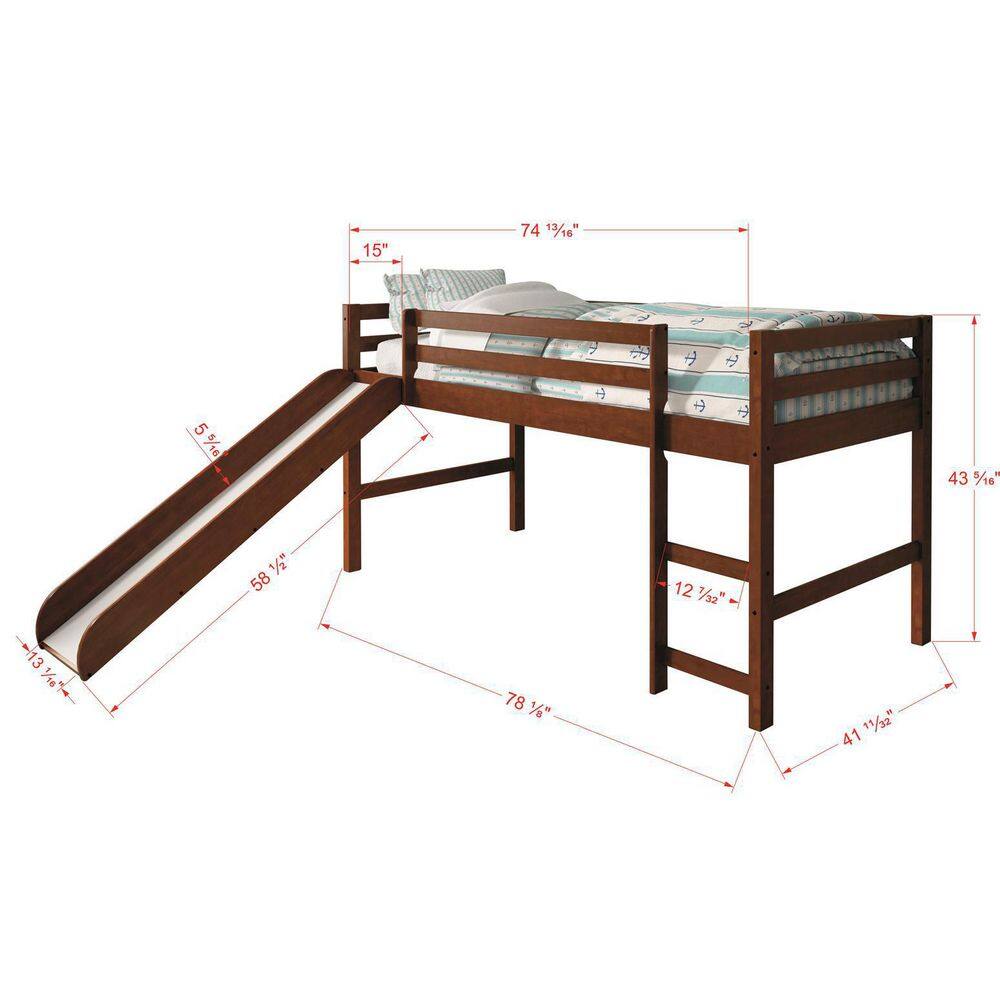 Donco Kids Brown Light Espresso Tent Loft Bed with Blue Tent Kit and Slide
